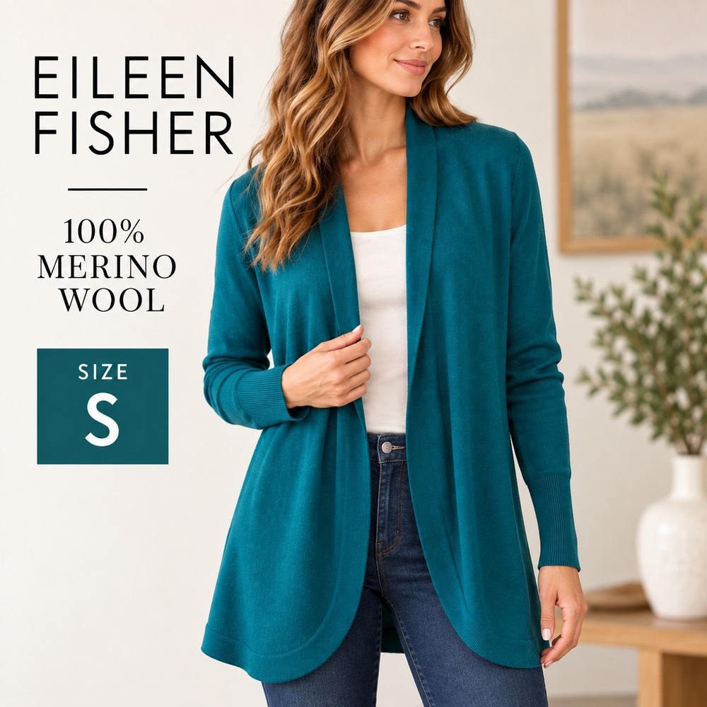 Eileen Fisher Cardigan Women S Teal Merino Wool Open Front Long Sweater Knit